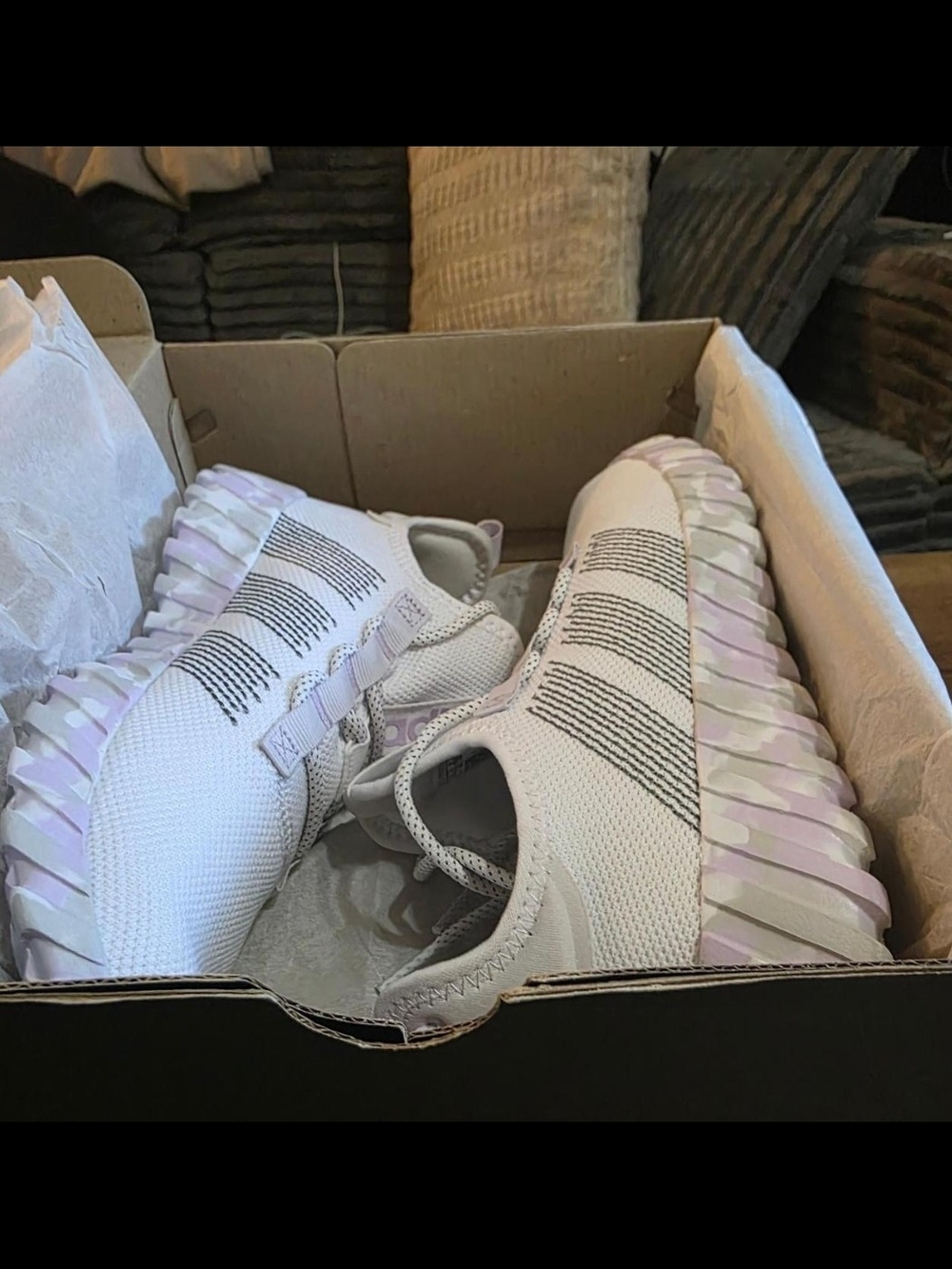 Adidas White Knit Sneakers with Lavender Accented Sole. BRAND NEW IN THE BOX